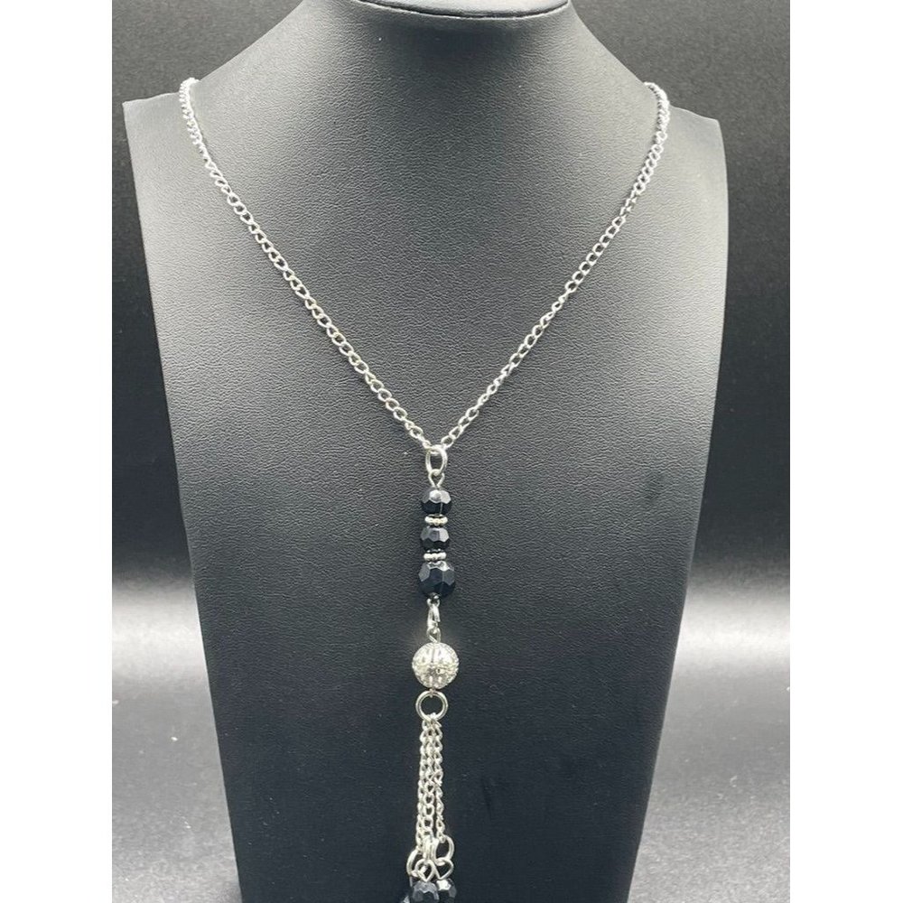 Silvertone Black Beaded Y-strand Necklace Length 24 Inches